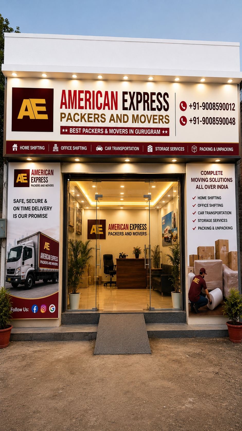American Express Packers and Movers office with branded moving truck